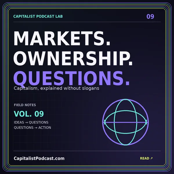 MARKETS. OWNERSHIP. QUESTIONS. — Capitalism, explained without slogans, a neon CapitalistPodcast.com typography card with a multicolor pinstripe frame.