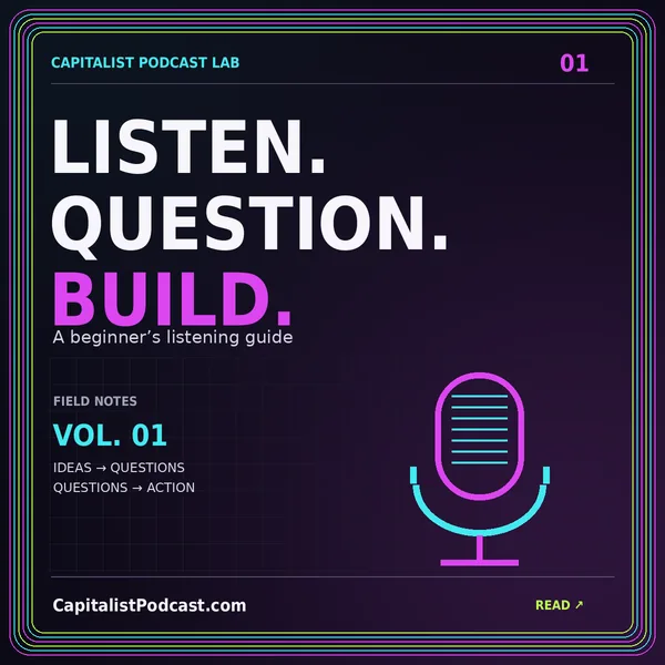 LISTEN. QUESTION. BUILD. — A beginner’s listening guide, a neon CapitalistPodcast.com typography card with a multicolor pinstripe frame.