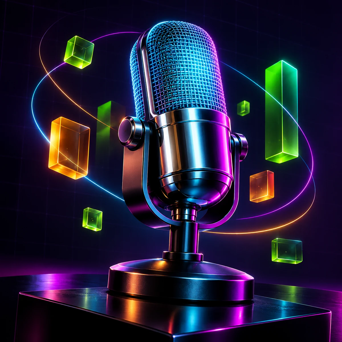 Original neon studio microphone surrounded by luminous geometric blocks and colored light trails.