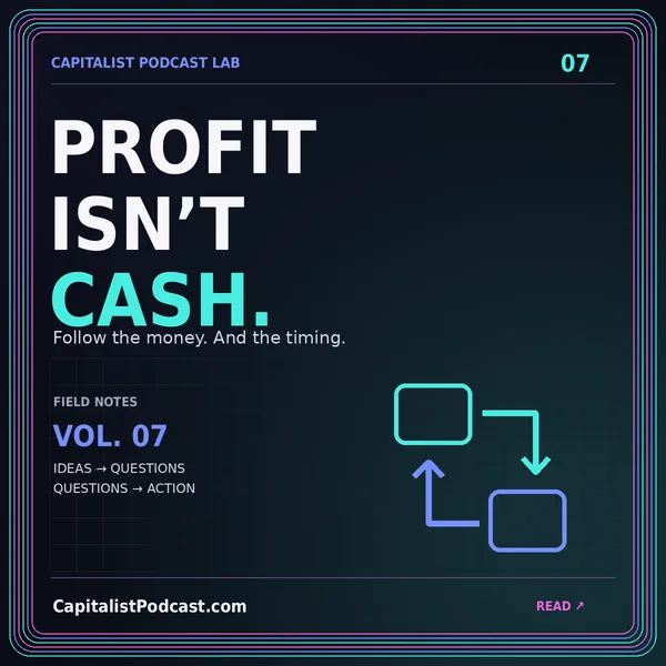 PROFIT ISN’T CASH. — Follow the money. And the timing., a neon CapitalistPodcast.com typography card with a multicolor pinstripe frame.