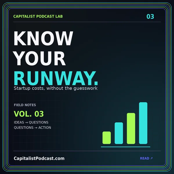 KNOW YOUR RUNWAY. — Startup costs, without the guesswork, a neon CapitalistPodcast.com typography card with a multicolor pinstripe frame.